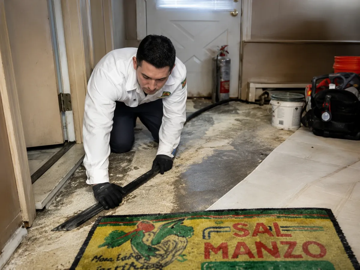 Technician performing floor-level drain cleaning and plumbing service on Long Island